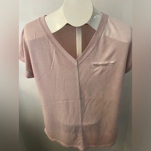 MADE IN ITALY Faux Suede Shimmer Sequin Pocket Top Italian V Neck Blouse Pastel